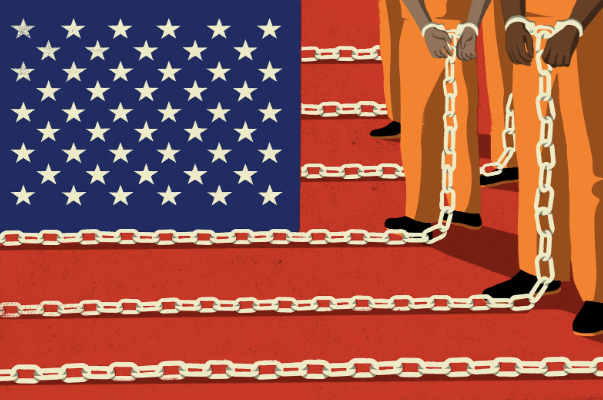 Graphic of American flag where the white lines are chained to people in orange jumpsuits