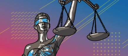 Lady Justice holding scales. Blue and pink gradient background