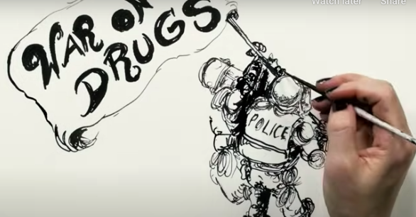 Illustration of a police officer holding flag that says war on drugs