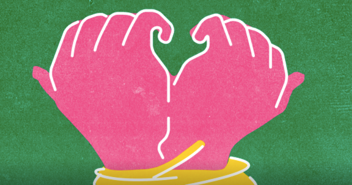 Pink hands tied by yellow strands. Green background 