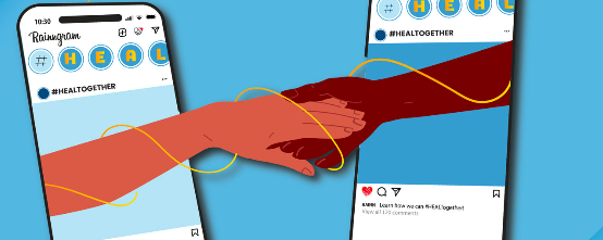 Graphic from RAINN website showing two hands reaching from phones embracing