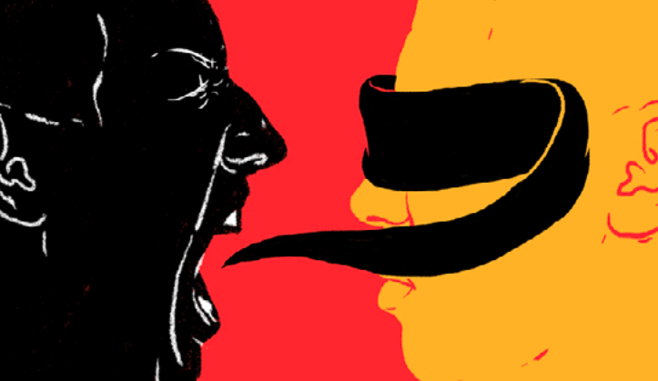 Graphic of someone yelling at another, and the words covering the other persons face