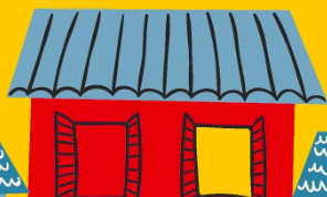 Graphic from book cover of red house with blue roof