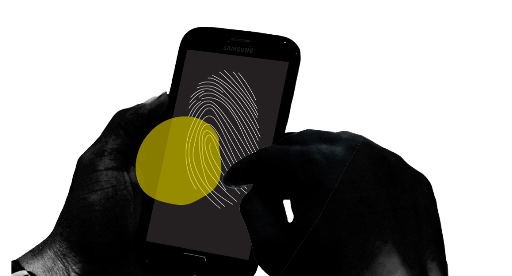 person scrolling phone with fingerprint on it