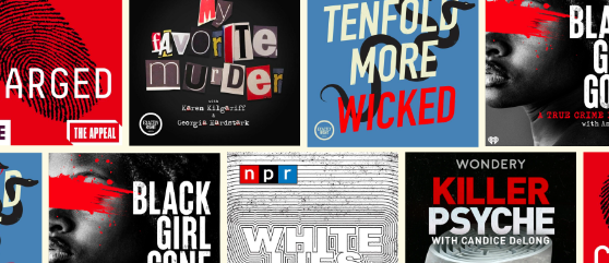 Collage of true crime podcast covers