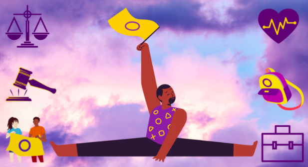 Graphic of person doing the splits holding an intersex flag