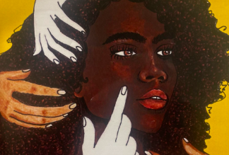 Black women with different color hands pointing at face