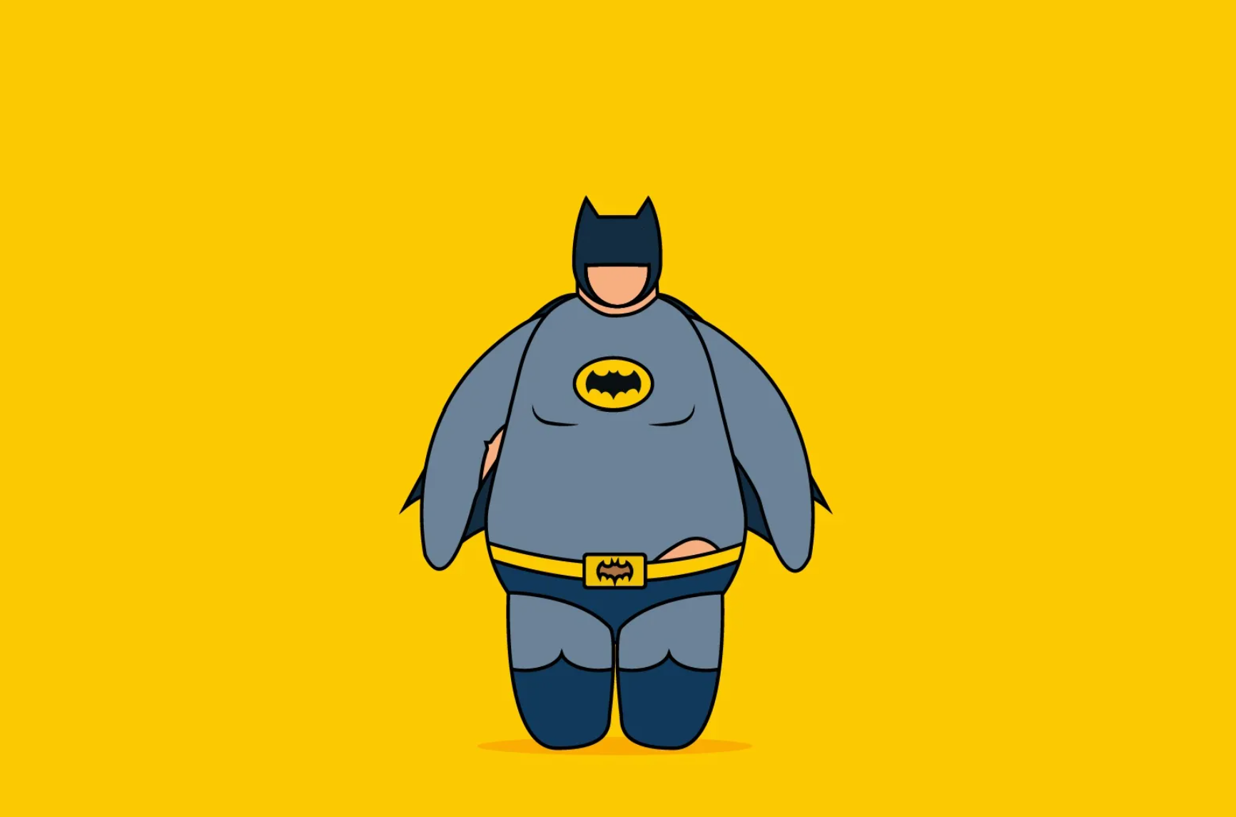 A cartoon image of a large-bodied man in a batman cosplay. Some parts of the costume are ripping apart. 