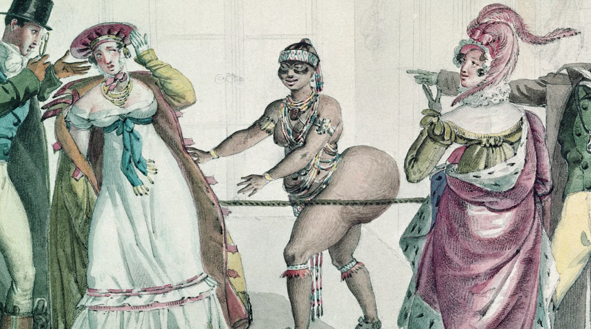 A 19th century illustration from Fearing the Black Body, titled The Hottentot Venus in the Salon of the Duchess of Berry, by Sebastien Coeure. Sara Baartman was an enslaved woman whose voluptuous physique was displayed in exhibitions in England and France. Sabrina Strings explains in her book how this helped contribute to the idea that fatness was related to blackness.