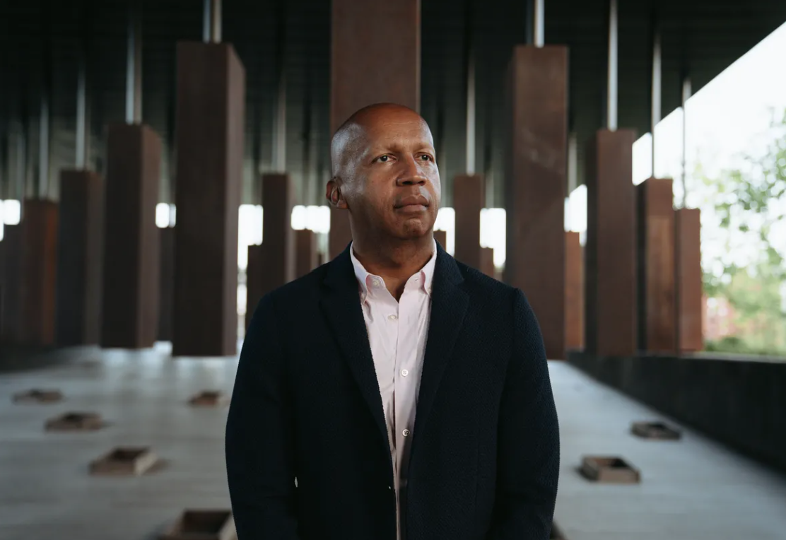 Bryan Stevenson stands in front of the National Memorial for Peace and Justice in Montgomery, Alabama, the first memorial dedicated to those terrorized by lynching. 