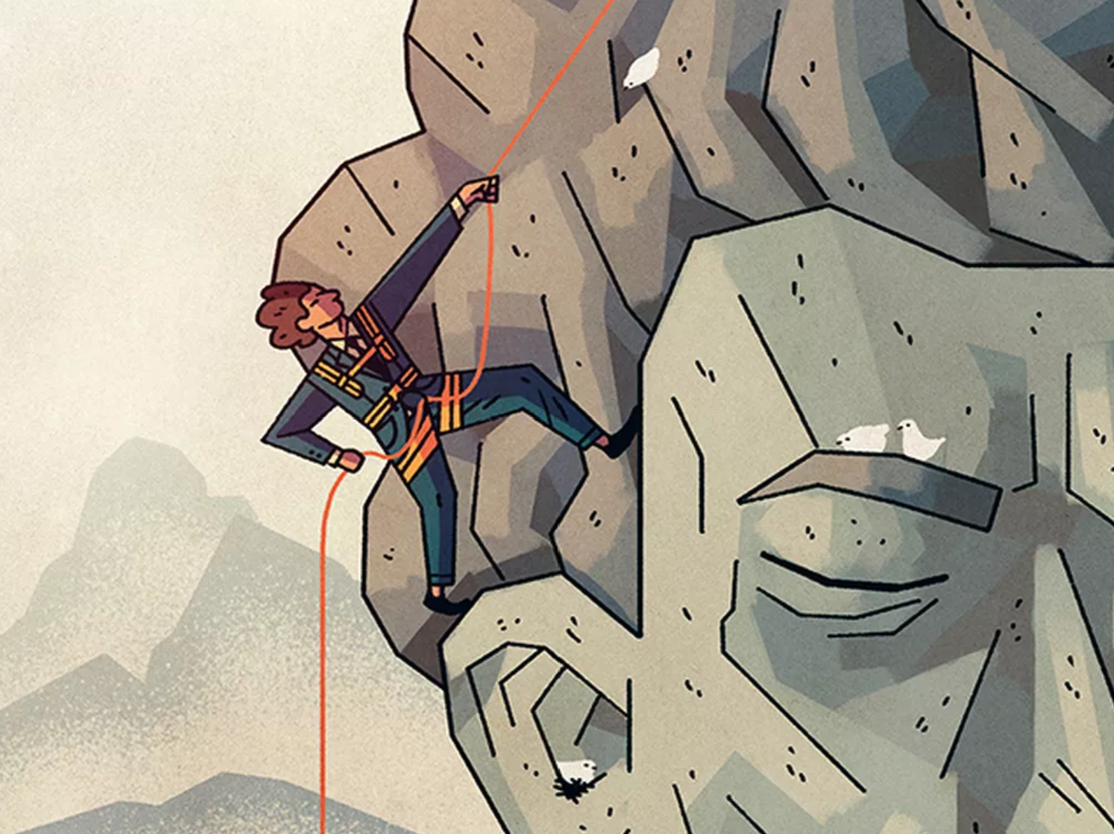 Man in suit climbing a mountain shaped like himself