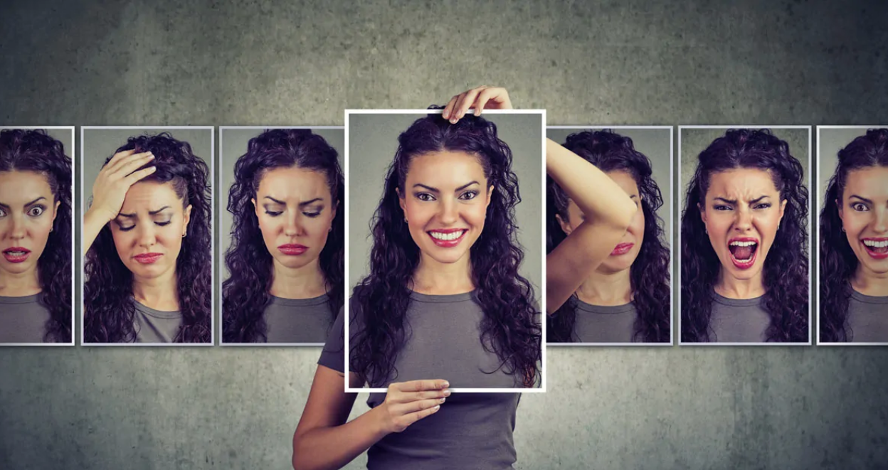 Photographs of a woman making different faces, the woman is smiling in the center photograph