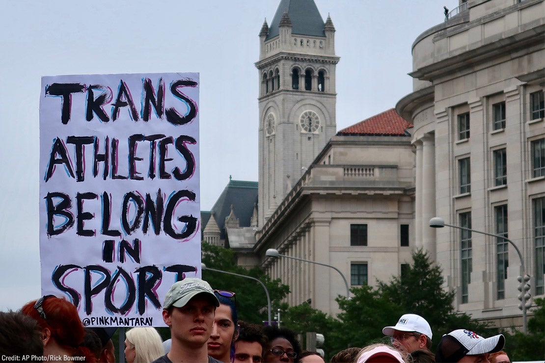 Protestors in favor of trans athletes