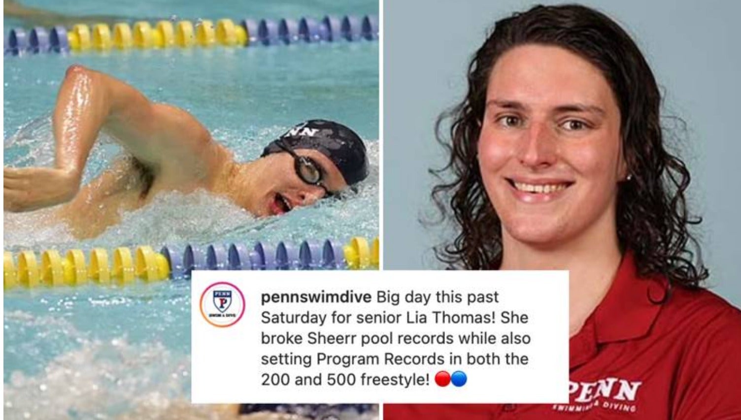 Side by side pictures of Lia Thomas swimming and a portrait