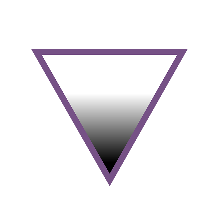the AVEN logo, which is an upside down triangle outlined in purple, colored in with a gradient that goes from white to gray to black, representing the colors of the asexual flag
