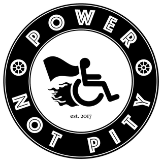 Power not pity logo, wheelchair acessible sign with the wheels of the wheelchair speeding by, flames coming from the wheels. 
