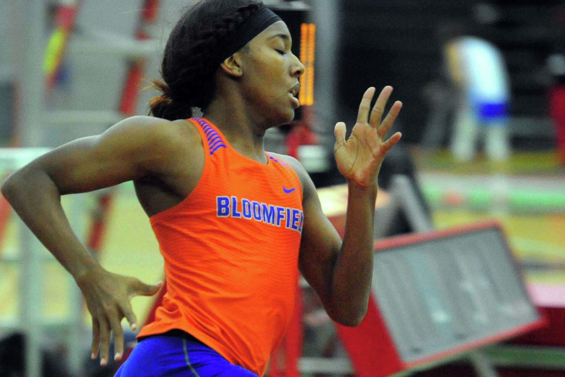 ransgender athlete Terry Miller of Bloomfield competes in a heat of the 300 meter race during CIAC Class S Track & Field Championship action in New Haven, Conn