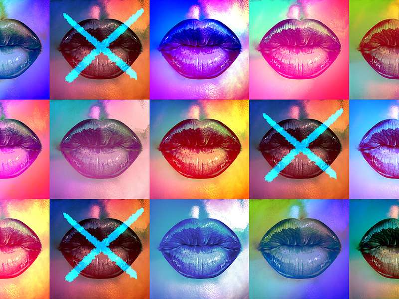 lips in different colors, alternating ones have x's over the mouths to insinuate cancelling 