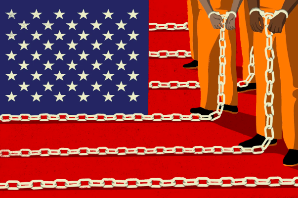 Graphic of American flag where the white lines are chained to people in orange jumpsuits
