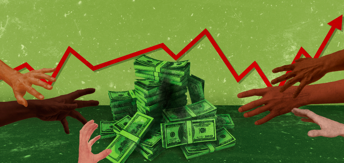 Hands reaching for pile of money. Red arrow in the background 