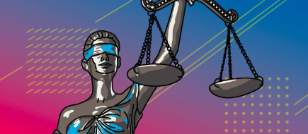Lady Justice holding scales. Blue and pink gradient background
