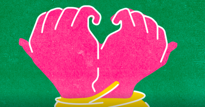Pink hands tied by yellow strands. Green background 