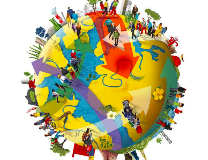 Graphic of People walking around the world, colored arrows