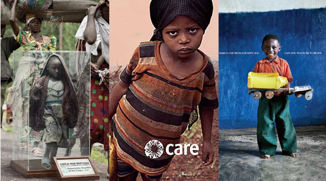 Triptych of charity advertisements from (L-R) Save the Children, CARE, and Dubai Cares.